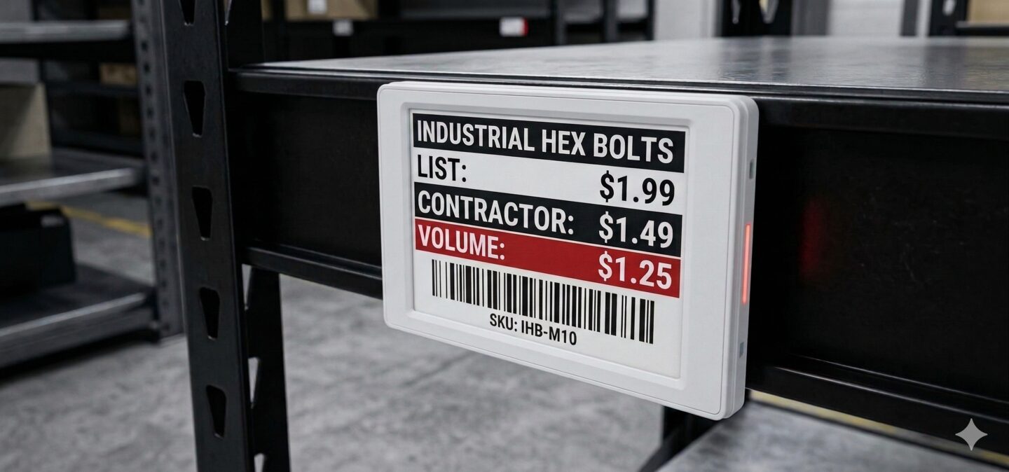 TAG35 trade counter tag showing tier pricing, barcode, and SKU from Spire