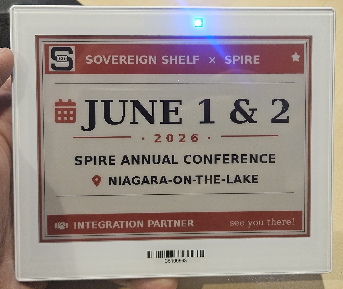Sovereign Shelf TAG58 displaying Spire Annual Conference save-the-date