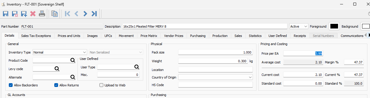 Spire inventory screen showing product fields that sync to shelf tags