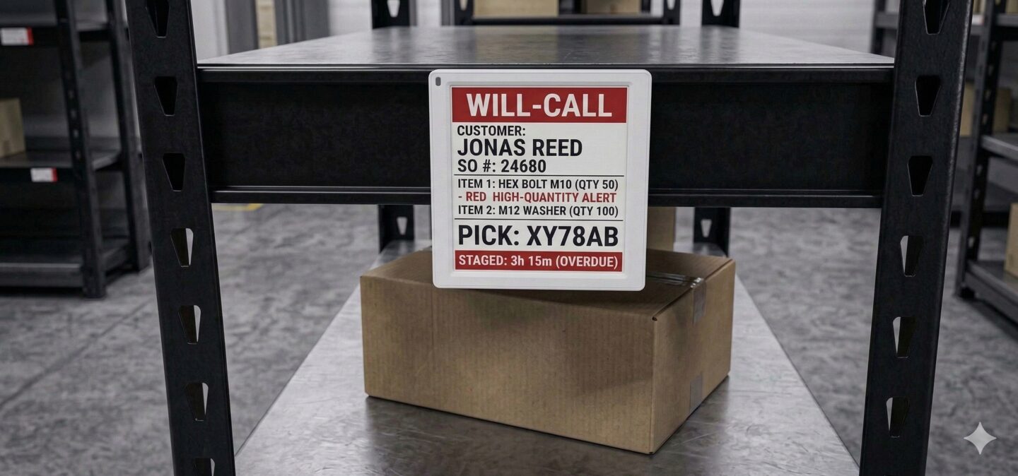 TAG58 will-call staging tag showing customer name, SO number, and aging